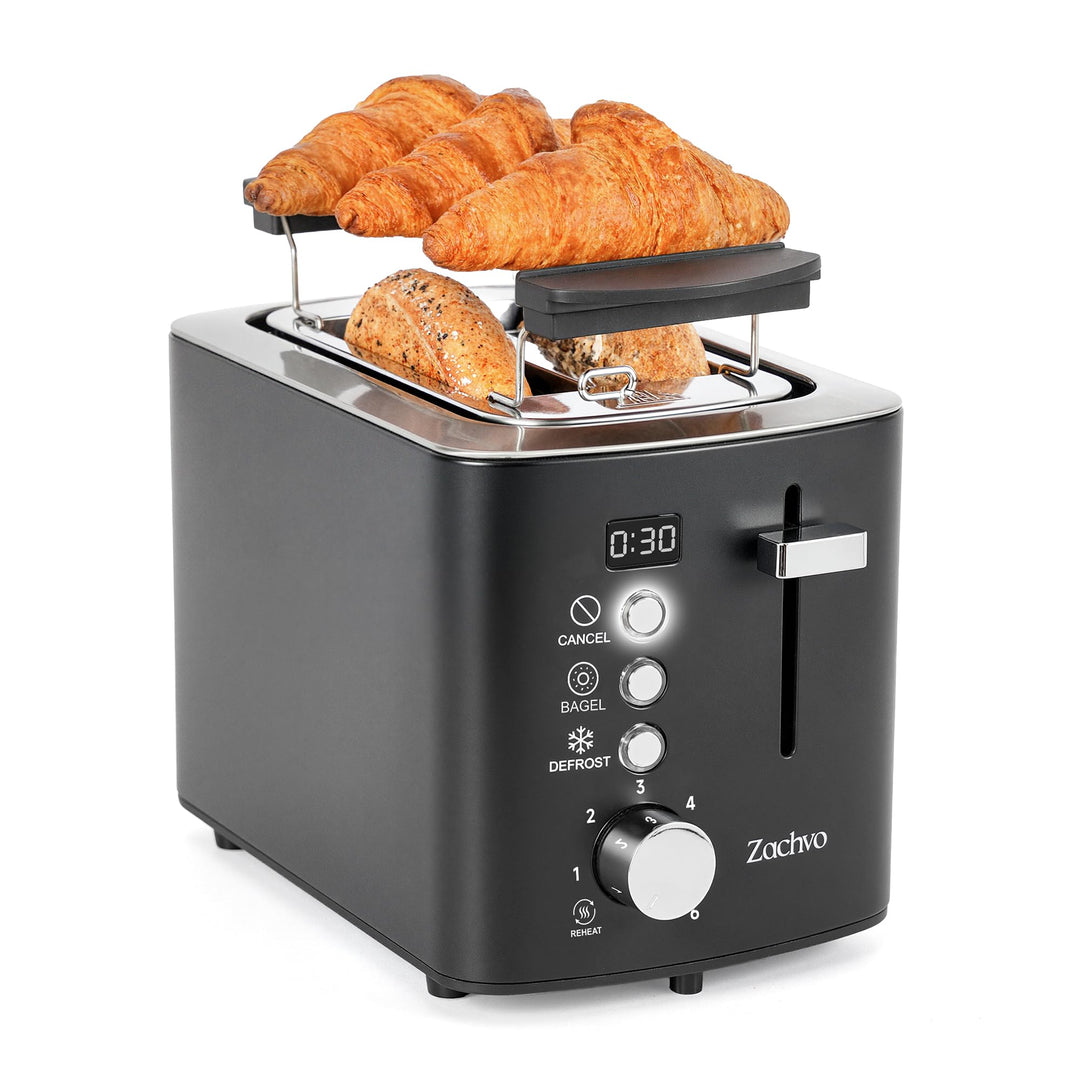 Edelstahl Toaster 2 Scheiben mit Digital Countdown und Bagelfunktion | Mit Brötchenaufsatz, 6 Bräunu