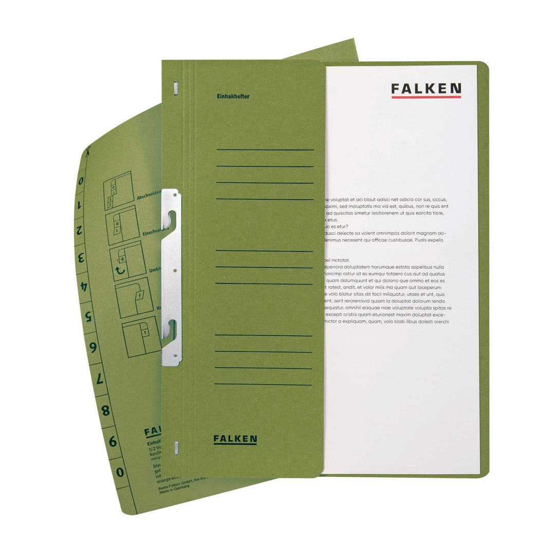 Original Falken 50er Pack Einhakhefter. Made in Germany. Aus Recycling-Karton mit halbem Vorderdecke