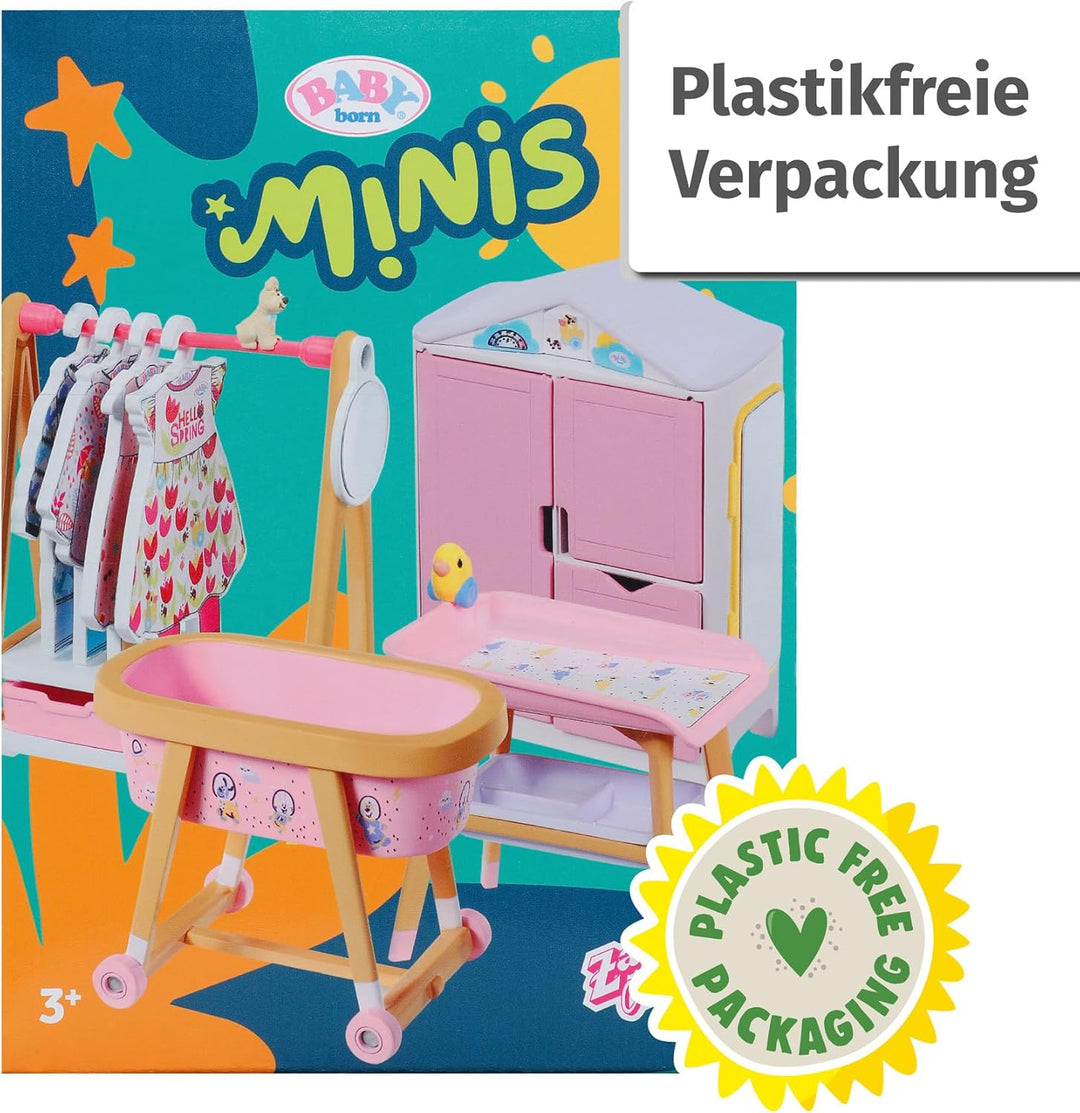 BABY born Minis Playset Möbelset mit Kleiderschrank, Kleiderstange, Stubenwagen und Wickeltisch, 906
