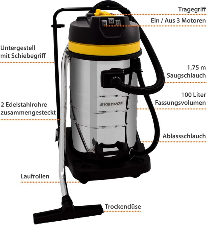 Syntrox Germany Industriesauger Samaka XL Edelstahl, 3 Saugturbinen, Grossraumsauger, Leistungsstark