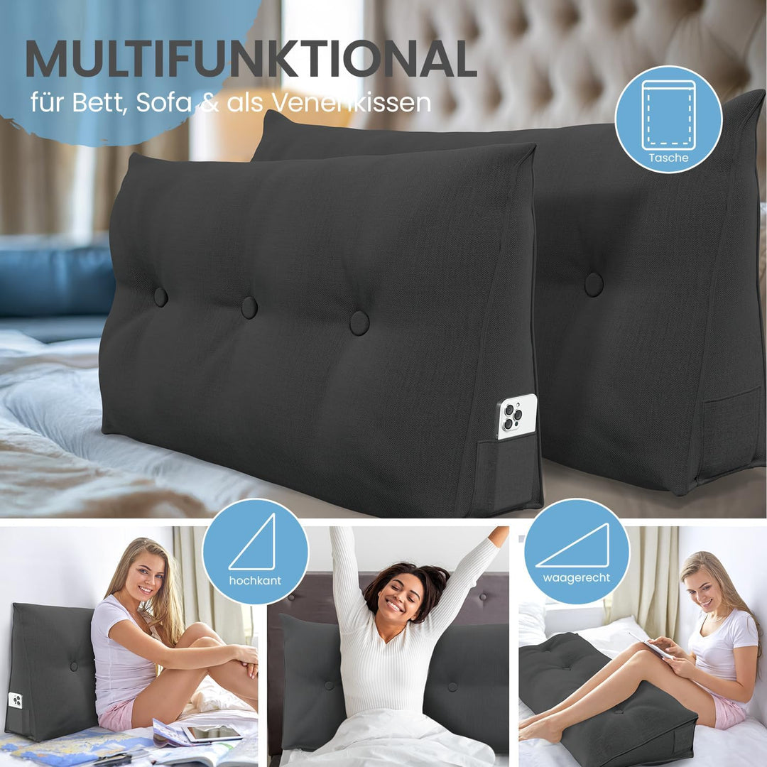 ELONEO Rückenkissen 120 cm breit, Keilkissen für Bett und Sofa geeignet, dreieckiges Lesekissen, Kis