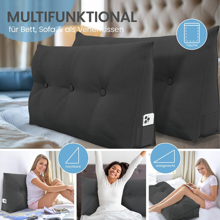 ELONEO Rückenkissen 120 cm breit, Keilkissen für Bett und Sofa geeignet, dreieckiges Lesekissen, Kis