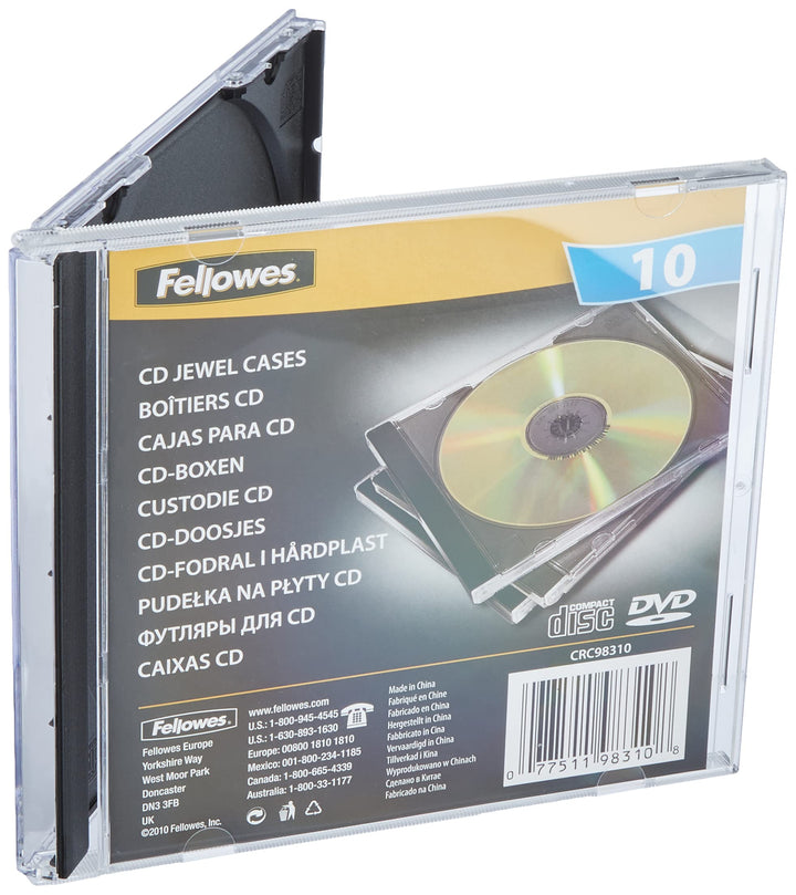 Fellowes CD Hüllen Standard, schwarze Rückseite mit transparentem Deckel, Jewel Case für CDs/DVDs, P
