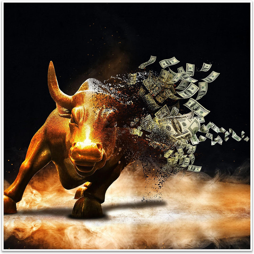 wandmotiv24 Poster als Wanddeko, Grösse 50x50cm, Goldener Stier, Dollar, Geldscheine, Geld, Tier, Mo