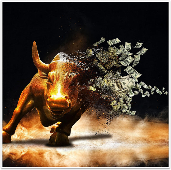 wandmotiv24 Poster als Wanddeko, Grösse 50x50cm, Goldener Stier, Dollar, Geldscheine, Geld, Tier, Mo