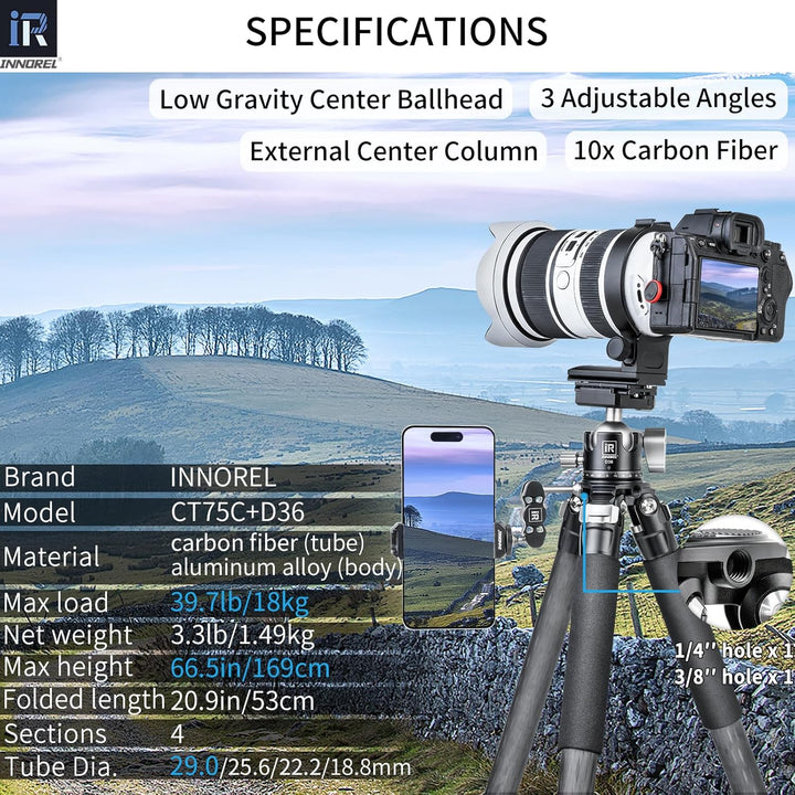 Kohlefaser-Stativ-INNOREL CT75C Professionelles Reisestativ für DSLR-Kamera Schwerlastständer 28mm R
