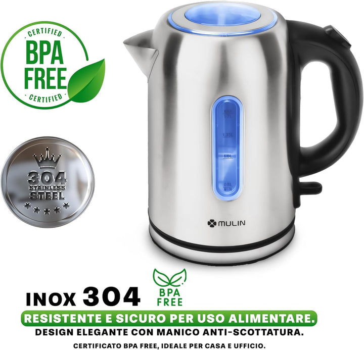MULIN Elektrischer Wasserkocher aus Edelstahl, 1,7 l, 2200 W Schnellkochen, 360° drehbarer Sockel, a