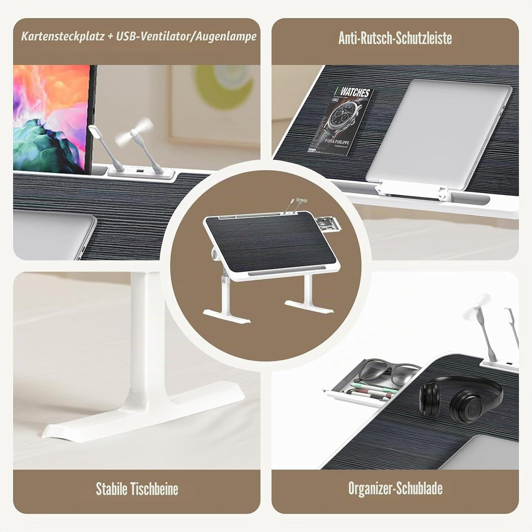 Ferghana Klappbarer Laptoptisch Höhenverstellbarer Laptoptisch mit Schublade + LED+ Ventilator Tragb