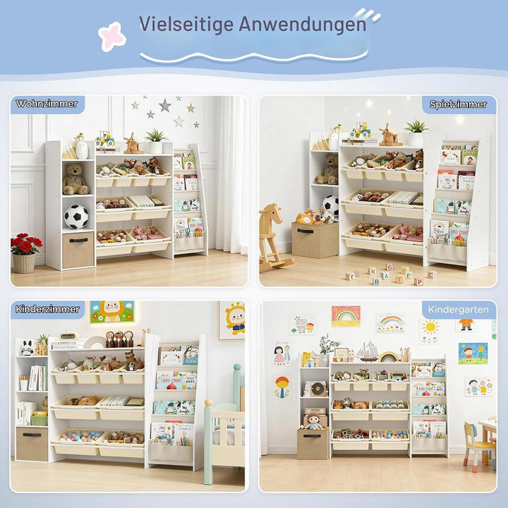 Kinderregal, Holz-Bücherregal mit 8 Aufbewahrungsboxen, Kinderzimmermöbel mit Spielzeugkiste für Sch