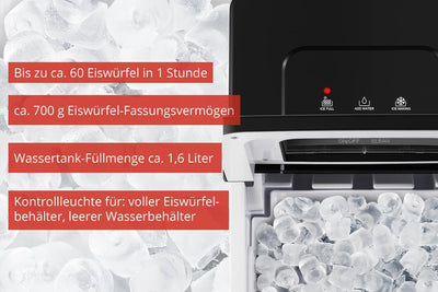 UNOLD 48935 EISWÜRFELBEREITER Freeze mit 1,6 L Füllmenge, 60 Eiswürfel in 1 Std., Kontrollleuchte, R