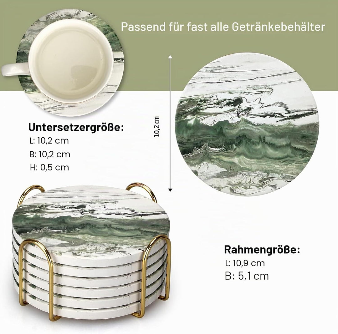 6 Stück grüne Keramik-Untersetzer mit Halter, rund, kühles Getränk, modernes, saugfähiges Untersetze