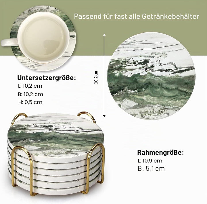 6 Stück grüne Keramik-Untersetzer mit Halter, rund, kühles Getränk, modernes, saugfähiges Untersetze