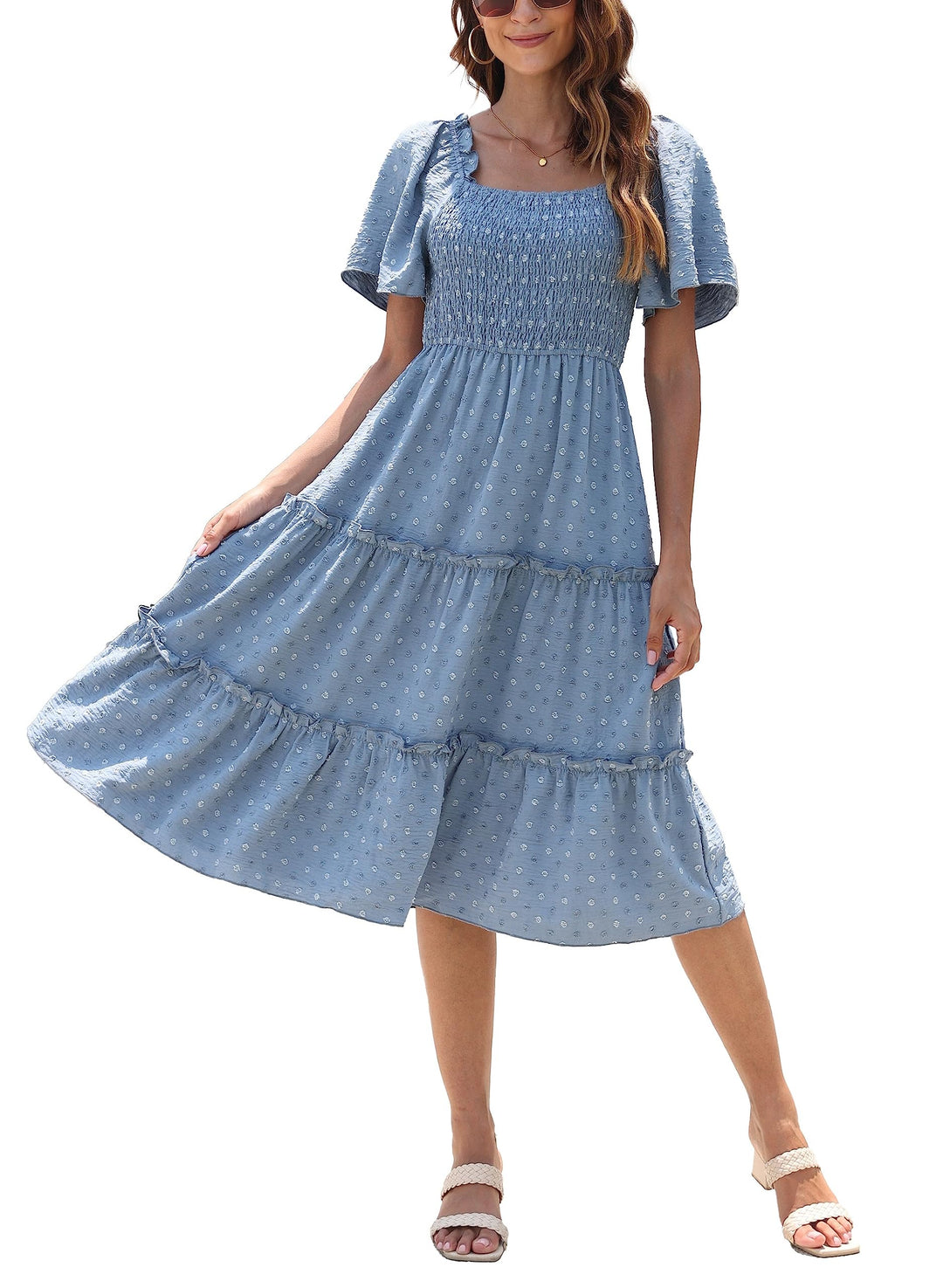 Damen Smocked Midi Kleid Kurzarm U-Ausschnitt Sommerkleid A-Linie Maxikleid Cocktail S Stahlblau, S