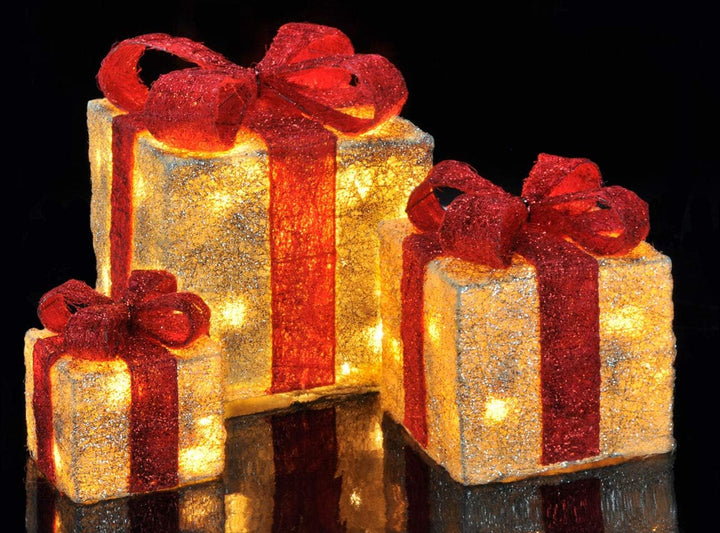 LED Geschenkboxen mit Timer 3er Set - ROT - Weihnachts Dekoboxen warm weiss beleuchtet - Weihnachten