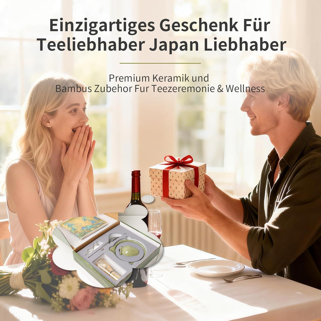Matcha Set 7-Teilig, Japanisches Teezeremonie Set mit Keramikschale Bambus Besen, Sieb, Löffel, Halt