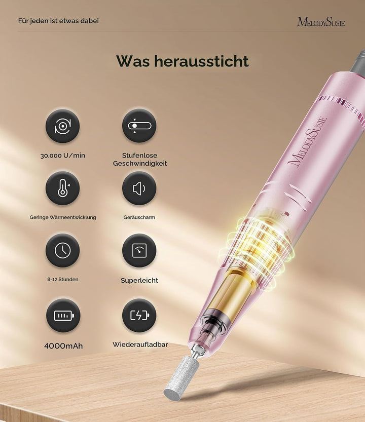 MelodySusie Tragbarer Nagelfräser 30000 RPM, SC320F Professionelle Kabellose Elektrische Nagelfeile