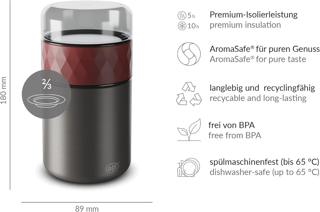 alfi ENDLESS FOOD MUG 500ml, med. red, Thermobehälter für Essen Edelstahl mit Snackpot, 3-teilig, Is