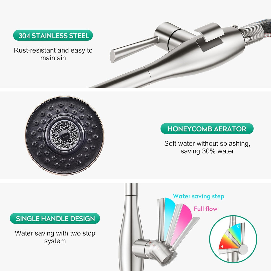 CREA Wasserhahn Küche mit 3 Funktionen Brause, Küchenarmatur mit Ausziehbarer Brause, 360° Drehbar M