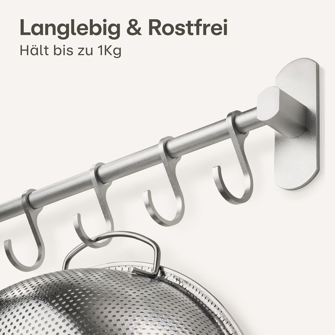 Hakenleiste für Küchenutensilien mit 8 Haken - Ohne Bohren - Selbstklebend - 40 cm - Verstellbar