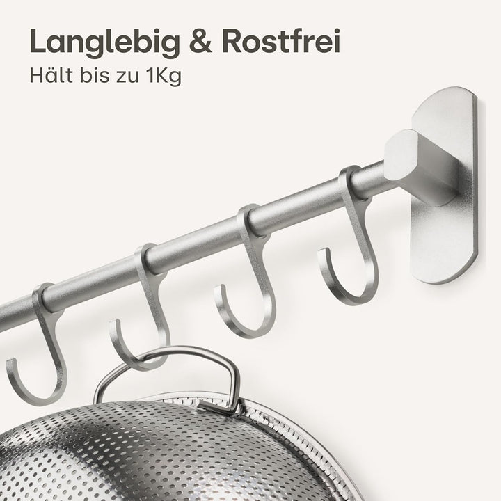 Hakenleiste für Küchenutensilien mit 8 Haken - Ohne Bohren - Selbstklebend - 40 cm - Verstellbar