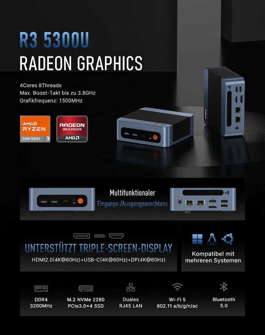 BOSGAME E5 Ryzen 3 5300U Mini Pc, Windows 11 Pro, 4 Cores, 8 Threads, Up to 3.8GHz, 16 GB DDR4 RAM,
