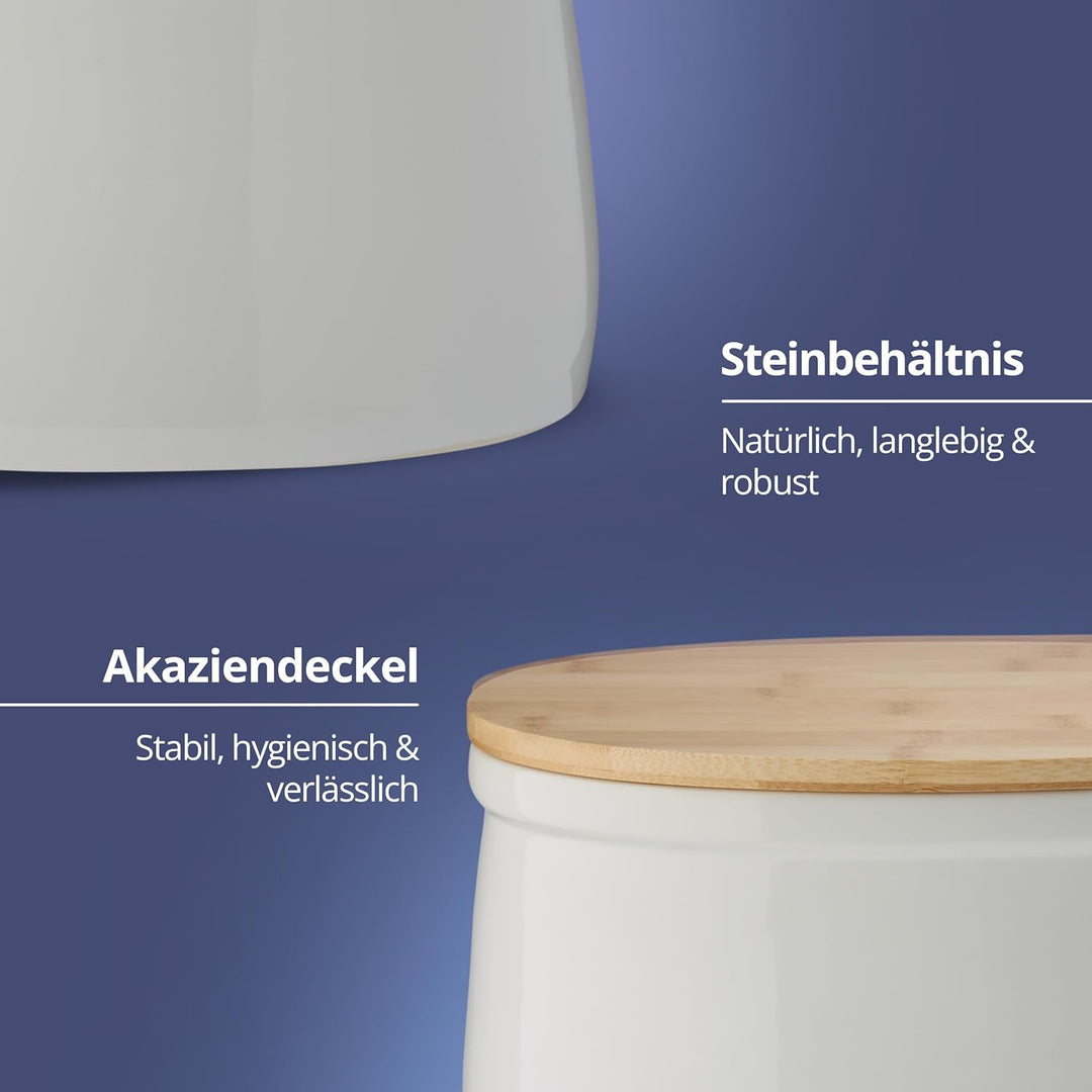 KHG Brotkasten Weiss Keramik Steingut Holzdeckel Bambus, Aufbewahrung Brot oval, Deckel als Schneide