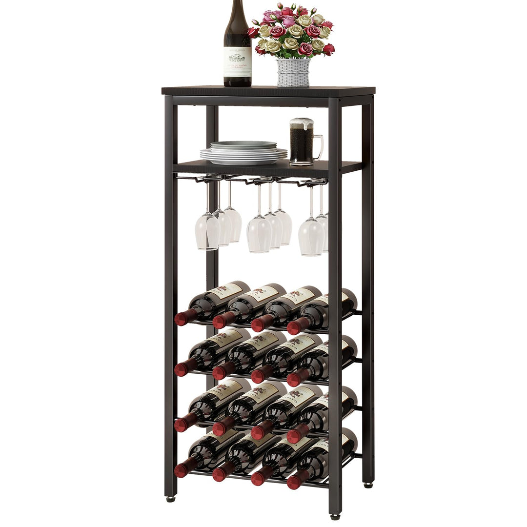 IBUYKE Weinregal für 16 Flaschen,Freistehendes Weinregal Metall mit Glashalter,Weinschrank Display,M