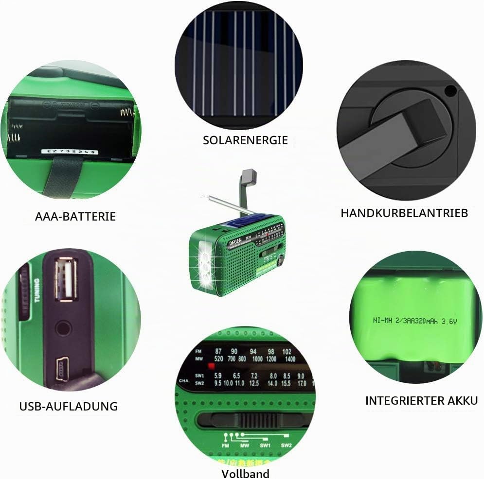Degen DE13 Cranked Solar FM AM SW Receiver with Flashlight/SOS Alarm/Rechargeable Cell Phone for Eme