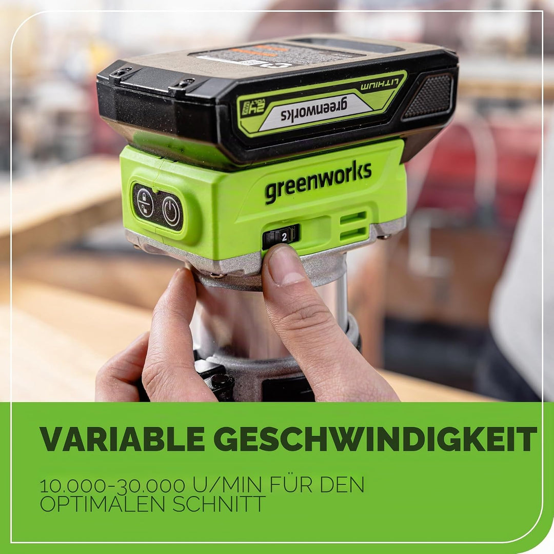Greenworks Kompakter kabelloser Holzfräser, 24 V, 5 variable Geschwindigkeiten, 30.000 U/min, leicht