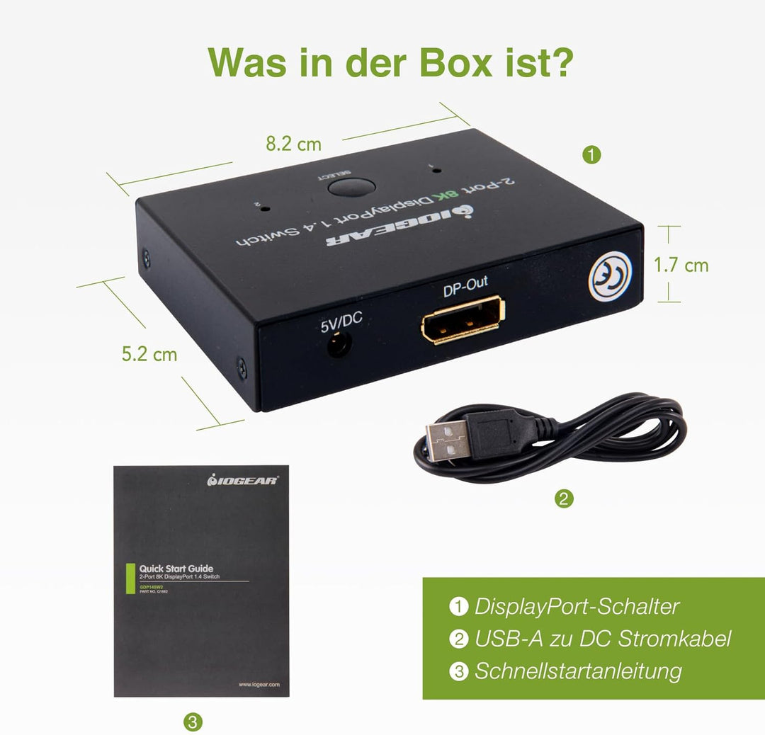 IOGEAR Displayport Switch, 8K Displayport 1.4 Splitter, 2 Eingänge 1 Ausgang 8K@60Hz 4K@120Hz Konver