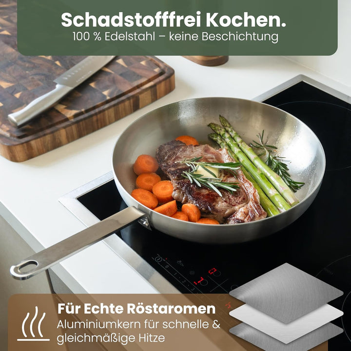 WALDWERK Edelstahlpfanne 28 cm - Induktionsgeeignet und Ofenfest - Pfanne aus Edelstahl mit Lederübe