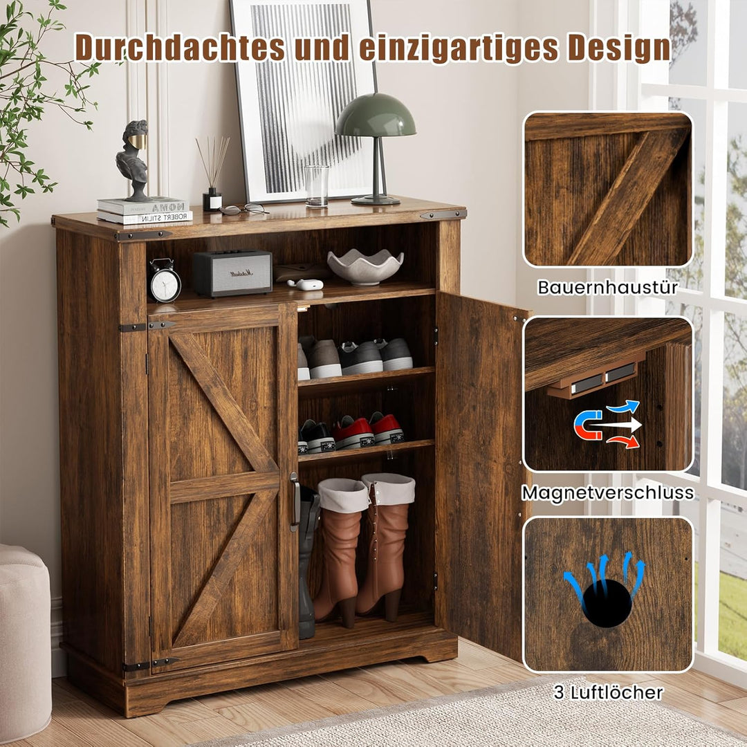 OCTORO Schuhschrank mit 2 Türen, Schuhschrank Holz im Landhausstil, Schuhkommode mit verstellbaren E