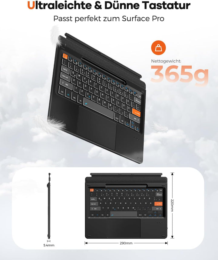 Doohoeek Bluetooth Tastatur für Surface Pro 11/10/9/8/X, Kabellose Beleuchtete Tastatur, Ultraslim K