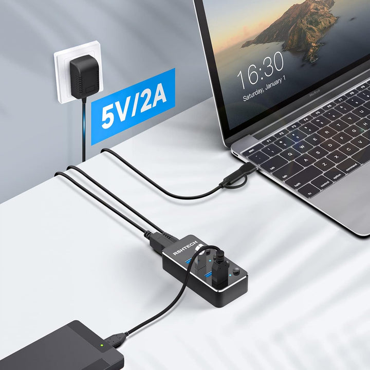 USB Hub Aktiv 3.0 mit Netzteil, RSHTECH USB 3.0 Hub mit 4 Datenports USB 3.0 Port Verteiler mit 100c