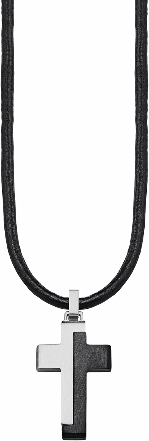 s.Oliver Kette mit Anhänger Edelstahl Leder Jungen Kinder Halsschmuck, 40+3 cm, Schwarz, Kreuz, Komm