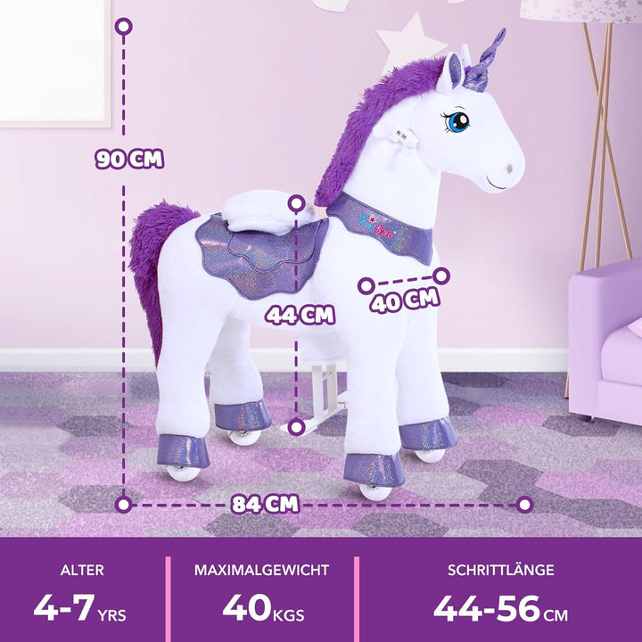PonyCycle® Einhorn Reitpferd | für Kinder 4–7 Jahre, 90cm | Lila Plüsch Schaukelpferd auf Rollen mit
