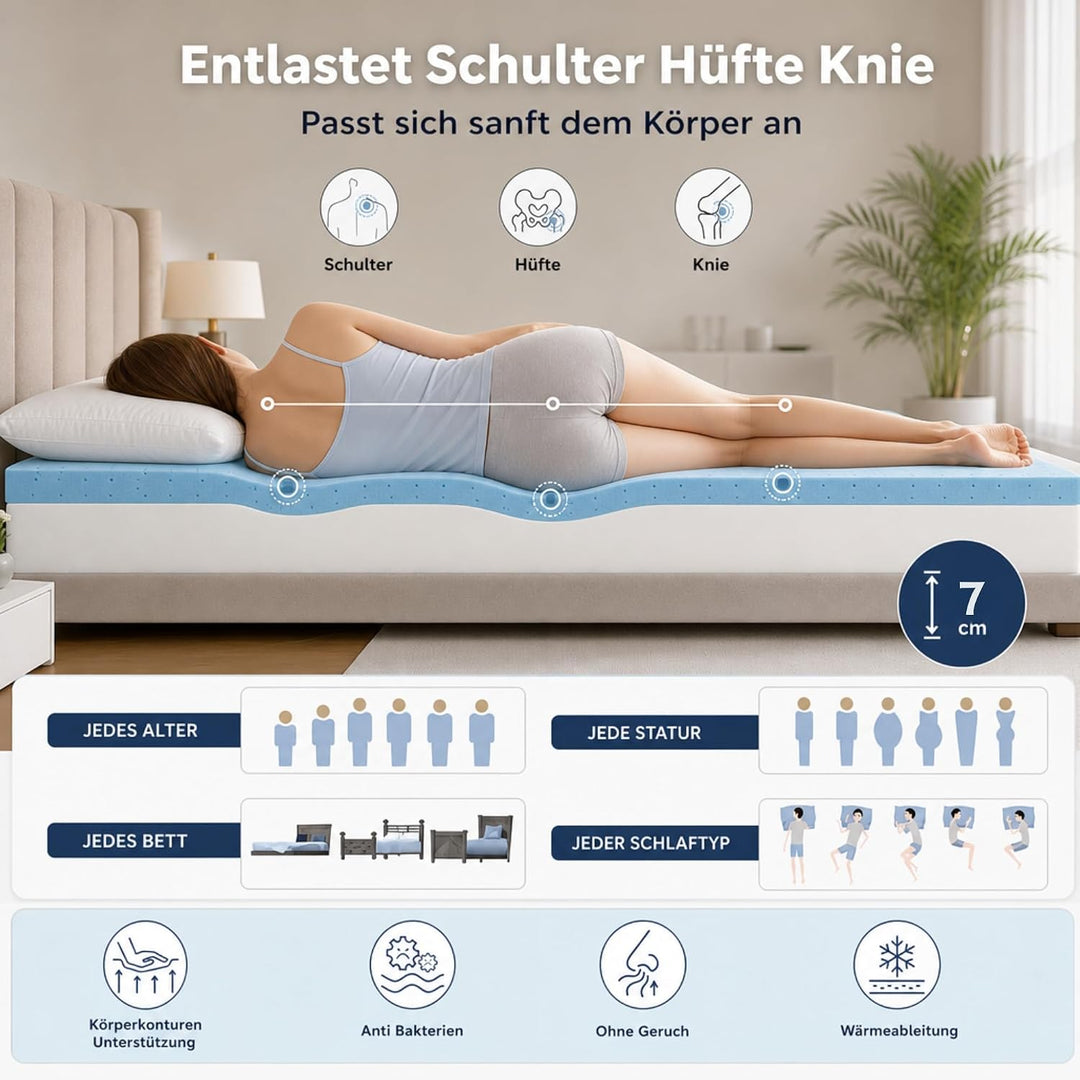 Komfortec 5-Zonen Gel Matratzentopper 140x200 cm H3/H4, 7 cm Höhe 180 x 200 cm, 180 x 200 cm
