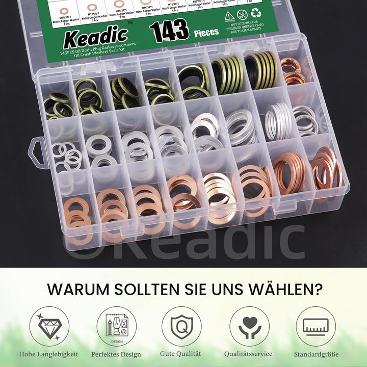 Keadic 143Pcs Ölablassschraube Dichtungen Unterlegscheiben Sortiment Set, 11026-01M02, N0138157 Öl Q