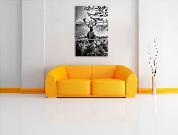 Pixxprint Monocrome, Hirsch Rivalen kämpfen 3-Teiler Leinwandbild 120x80 Bild auf Leinwand