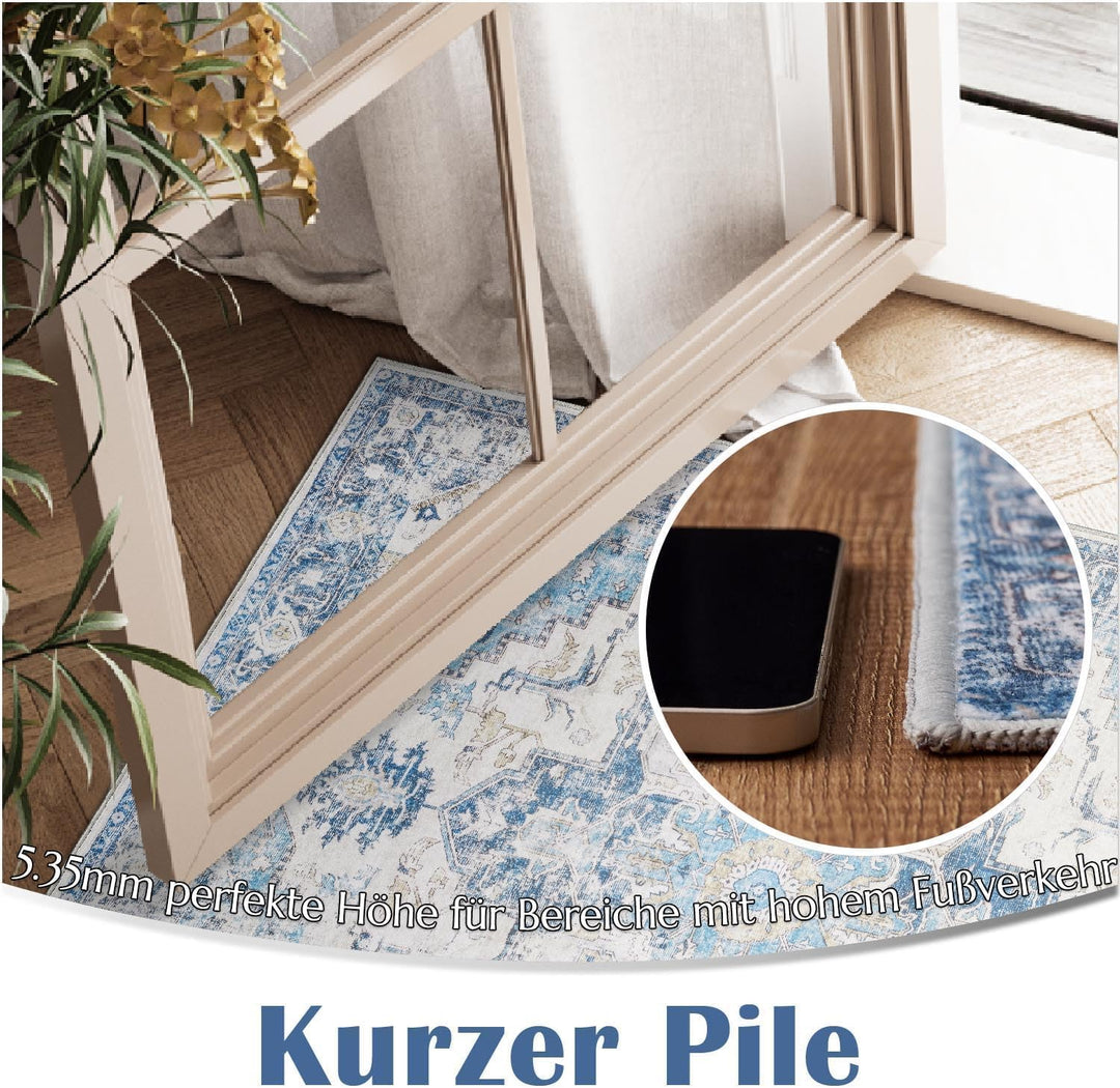 TOPICK Teppich 90x150cm Fussmatte Waschbar Fussmatte Innen Kurzflor Retro Blau Blume Orientalischer