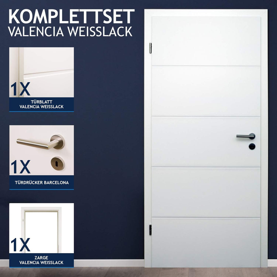 HORI Zimmertür Komplettset mit Zarge und Türdrücker I Innentür weiss lackiert mit 4 Querstreifen I H