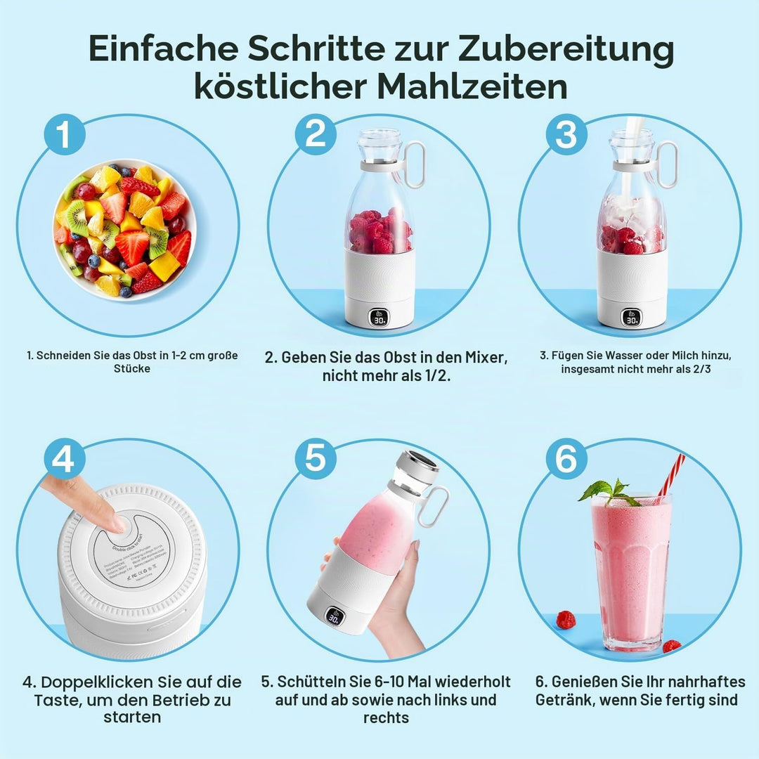 DoubleCare Tragbarer Mixer, 6-Klingen-Elektrischer Mini-Mixer mit Led-Anzeige, 350 ml Minimixer für
