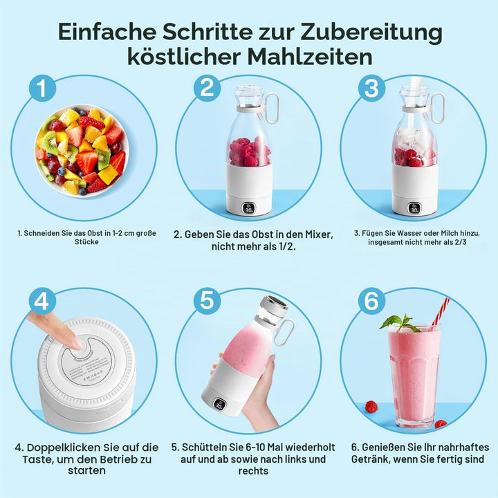 DoubleCare Tragbarer Mixer, 6-Klingen-Elektrischer Mini-Mixer mit Led-Anzeige, 350 ml Minimixer für
