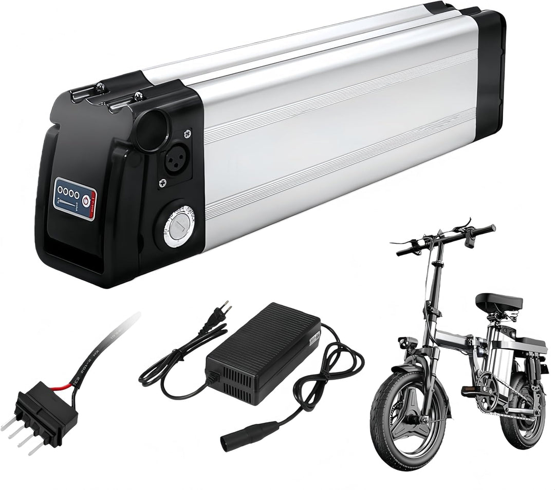 X-go E-Bike Akku 36V 10.4Ah LiIon Batterie, Silver Fish 4Pin Ebike Kit mit Ladegerät, Pedelec Fahrra