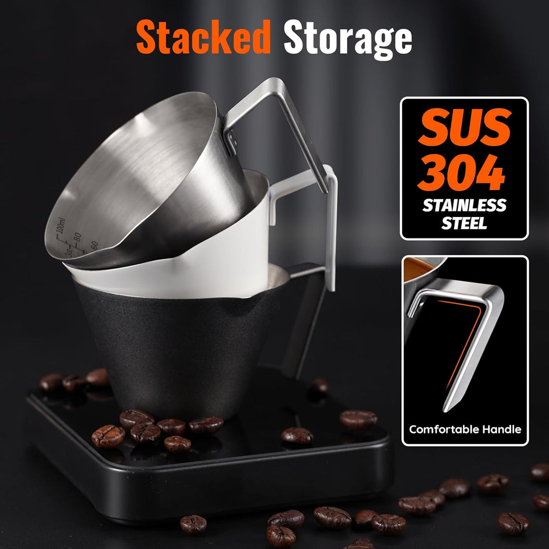 YARRAMATE Espressotassen mit Griff, Edelstahl-Espresso-Zubehör, Doppelausguss, Metall-Messbecher mit