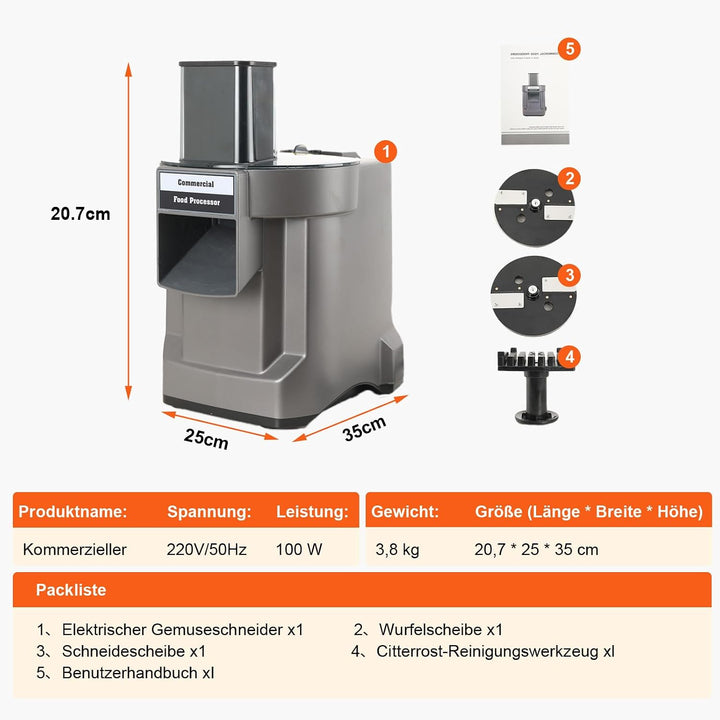 100W 3-in-1 Gemüseschneidmaschine, Gemüseschneider Elektrisch Gemüsehobel Professionell Würfelschnei