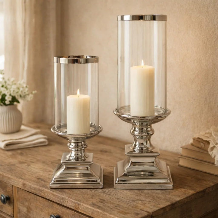 DRULINE Eckig und Rund Windlicht Kerzenständer Kerzenleuchter Silber Keramik (ECKIG Gross), ECKIG Gr