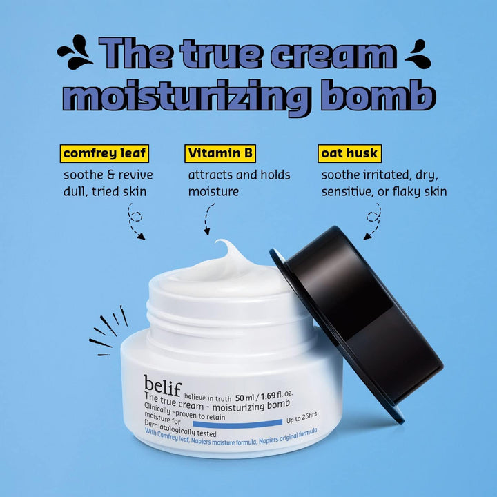 Belif True Cream Moisturizing Bomb 50ml, Langanhaltende Gesichtscreme, Kräutermischung, Glättende Le