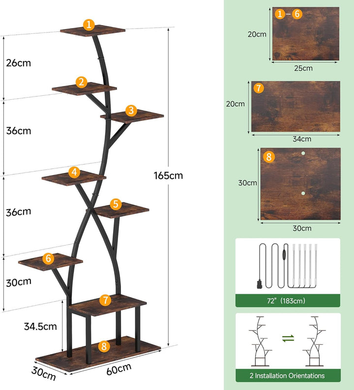 Pflanzenregal mit Wachstumslicht, 8-Etagen Blumenständer 165cm, 5-Kopf Pflanzenlampe aus Metall für