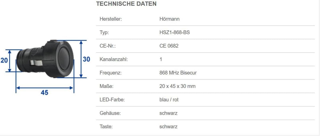 Hörmann Handsender HSZ1 868-BS, praktischer 1-Tasten-Garagentoröffner, Funkfernbedienung mit BiSecur
